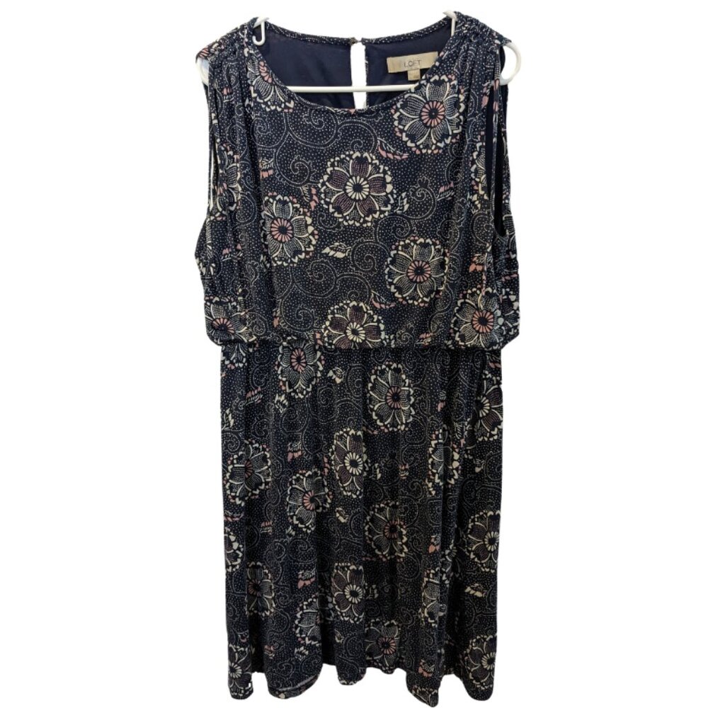 Ann Taylor LOFT Navy White Floral Paisley Casual Soft Knee Length Dress, Large
